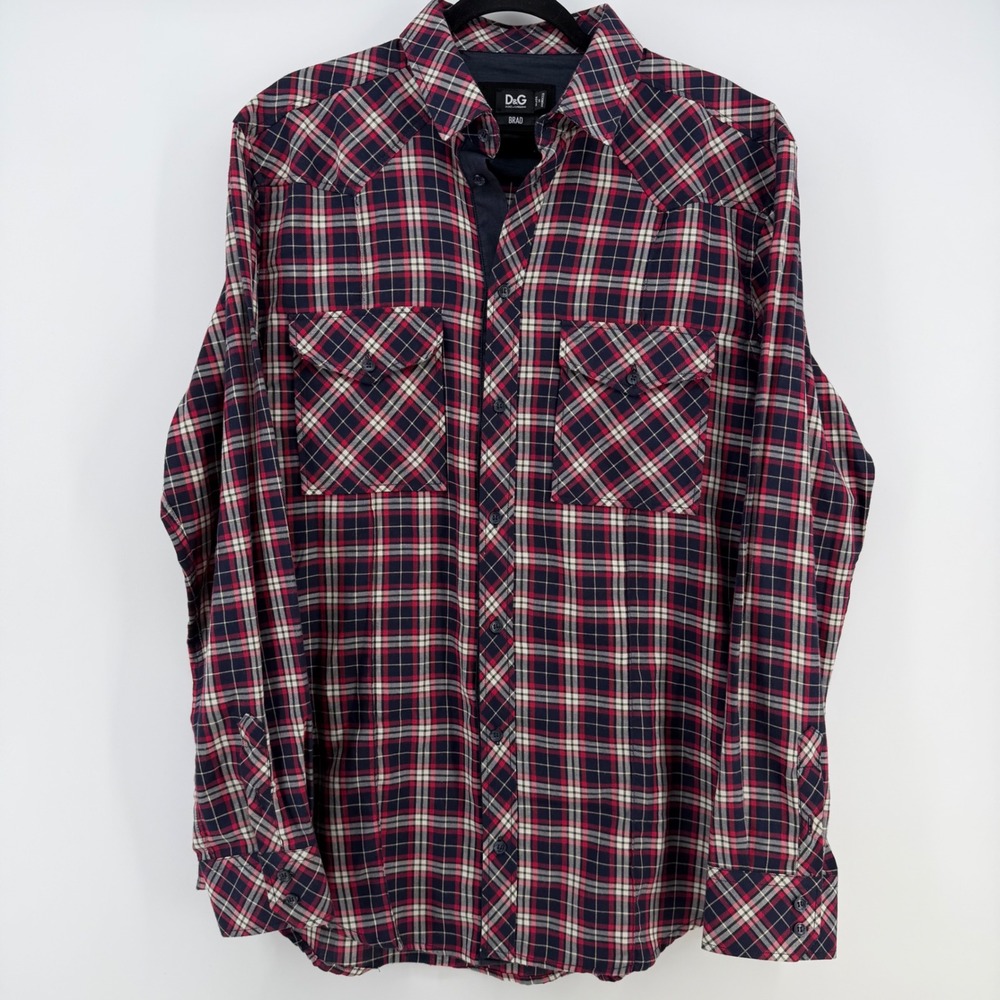 D&G Dolce & Gabbana Brad Plaid Western Shirt Red Navy Cotton M/L Y2K